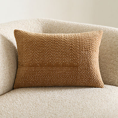 View Sashiko Organic Cotton Velvet 22"x15" Camel Tan Throw Pillow with Down-Alternative Insert details