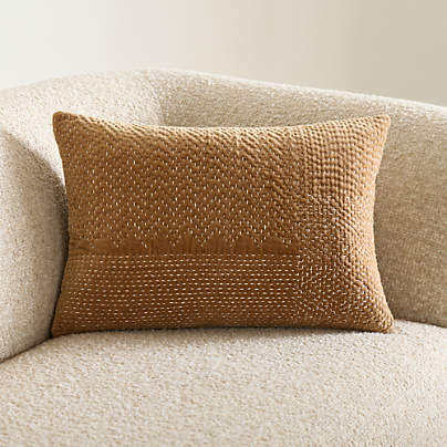 Sashiko Organic Cotton Velvet 22"x15" Camel Tan Throw Pillow Cover