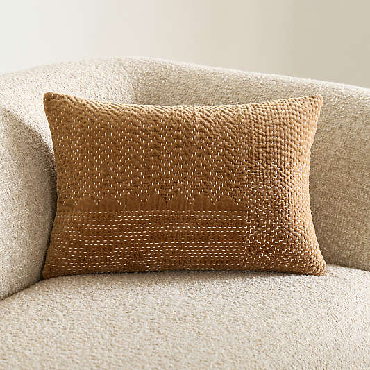 Sashiko Organic Cotton Velvet 22"x15" Camel Tan Throw Pillow