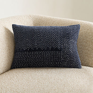 View Sashiko Organic Cotton Velvet 22"x15" Deep Indigo Blue Throw Pillow with Feather Insert details