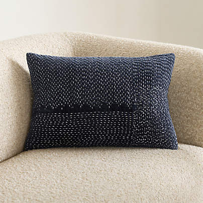 Sashiko Organic Cotton Velvet 22"x15" Deep Indigo Blue Throw Pillow Cover