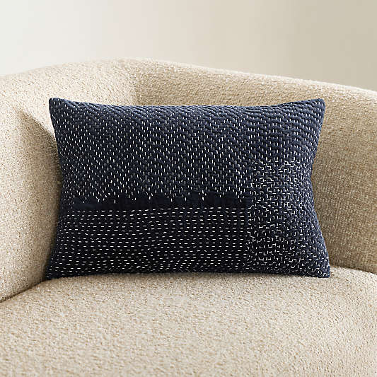 Sashiko Organic Cotton Velvet 22"x15" Deep Indigo Blue Throw Pillow