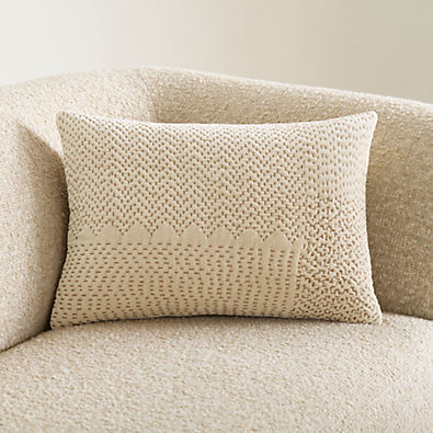 View Sashiko Organic Cotton Velvet 22"x15" Travertine Beige Throw Pillow with Down-Alternative Insert details