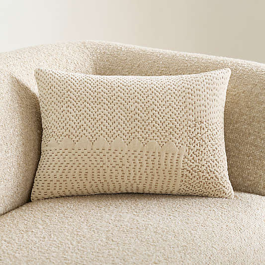 Sashiko Organic Cotton Velvet 22"x15" Travertine Beige Throw Pillow Cover