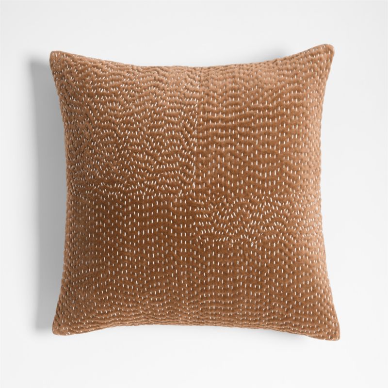 Sashiko Organic Cotton Velvet 20"x20" Camel Tan Throw Pillow with Down-Alternative Insert - image 0 of 4