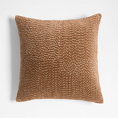 View Sashiko Organic Cotton Velvet 20x20 Camel Tan Throw Pillow with Feather Insert details