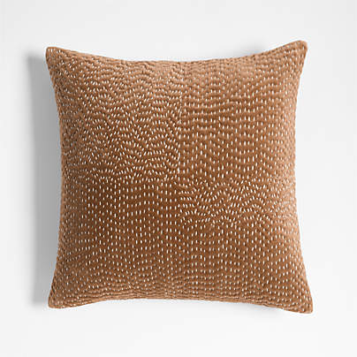 Sashiko Organic Cotton Velvet 20"x20" Camel Tan Throw Pillow with Feather Insert