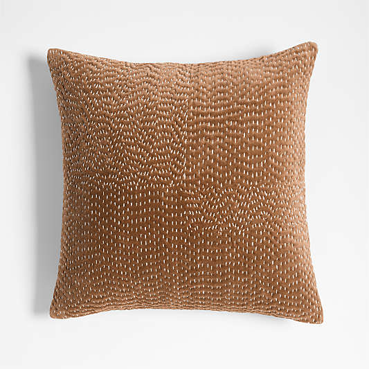 Sashiko Organic Cotton Velvet 20"x20" Camel Tan Throw Pillow with Down-Alternative Insert