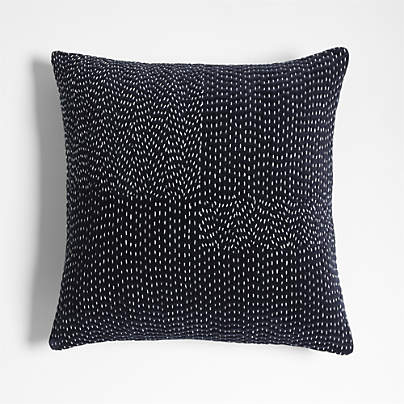 Sashiko Organic Cotton Velvet 20"x20" Deep Indigo Throw Pillow with Down-Alternative Insert
