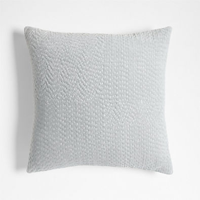 View Sashiko Organic Cotton Velvet 20x20 Mist Blue Throw Pillow with Down-Alternative Insert details