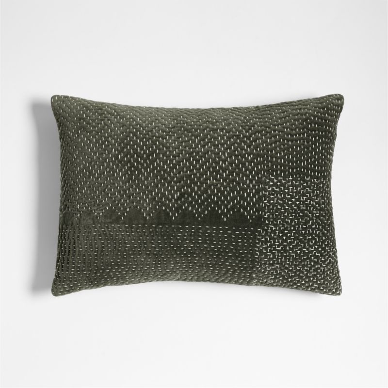 Sashiko Organic Cotton Velvet 22"x15" Burnt Green Throw Pillow Cover - image 0 of 4