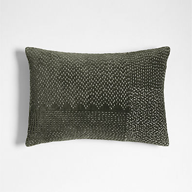 View Sashiko Organic Cotton Velvet 22x15 Burnt Green Throw Pillow with Feather Insert details