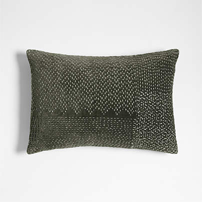 Sashiko Organic Cotton Velvet 22x15 Burnt Green Throw Pillow with Feather Insert