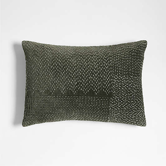 Sashiko Organic Cotton Velvet 22"x15" Burnt Green Throw Pillow