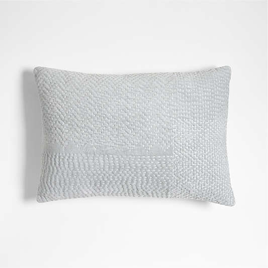 Sashiko Organic Cotton Velvet 22"x15" Mist Blue Throw Pillow with Down-Alternative Insert
