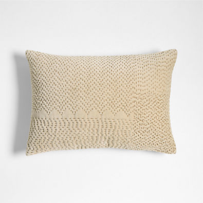 View Sashiko Organic Cotton Velvet 22x15 Travertine Beige Throw Pillow with Down-Alternative Insert details