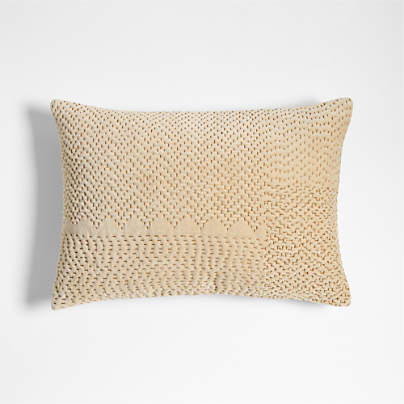 Sashiko Organic Cotton Velvet 22"x15" Travertine Beige Throw Pillow with Feather Insert