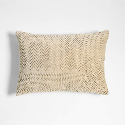 Sashiko Organic Cotton Velvet 22x15 Travertine Beige Throw Pillow with Down-Alternative Insert