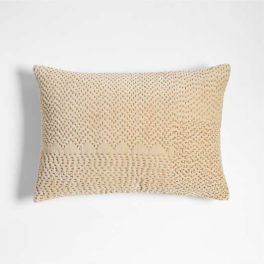 Sashiko Organic Cotton Velvet 22"x15" Travertine Beige Throw Pillow with Down-Alternative Insert