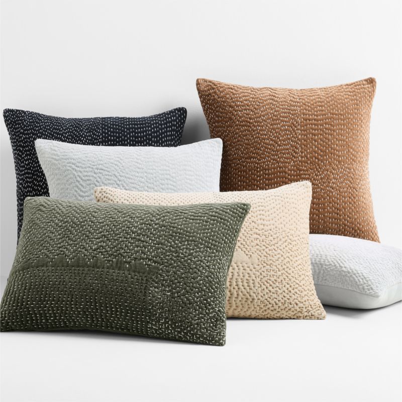 Sashiko Organic Cotton Velvet 22x15 Mist Blue Throw Pillow with Feather Insert