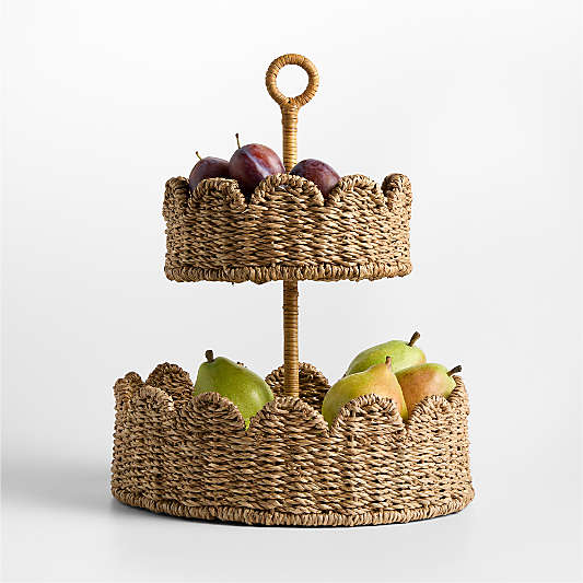 Scallop Natural Woven Fiber 2-Tier Fruit Basket