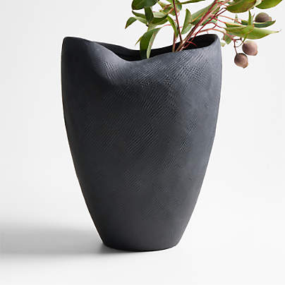 Scraffito 14" Black Ceramic Vase