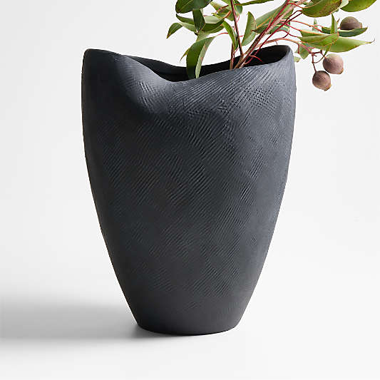 Scraffito 14" Black Ceramic Vase