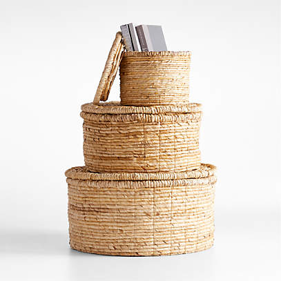 Seaton Round Woven Storage Baskets With, Round Woven Basket With Lid