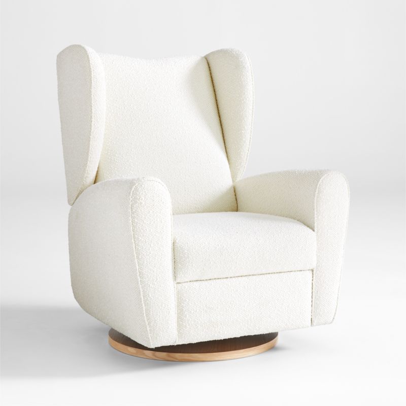 Seesaw Cream Boucle Nursery Power Recliner Chair w Electronic Control and USB with Natural Wood Base