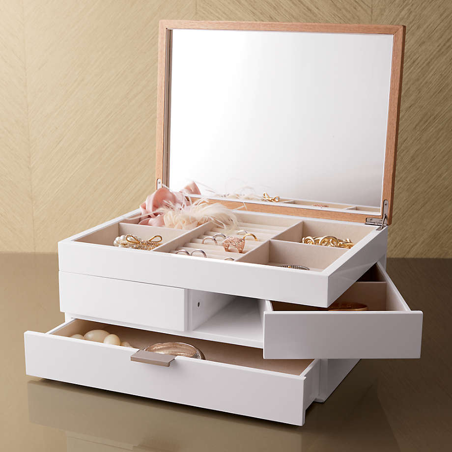 Cream White Modern Locking Wooden Jewelry Organizer Box - 4