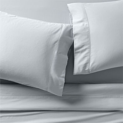 View Serene Washed Organic Cotton Sateen Light Mist Blue Queen Sheet Set details