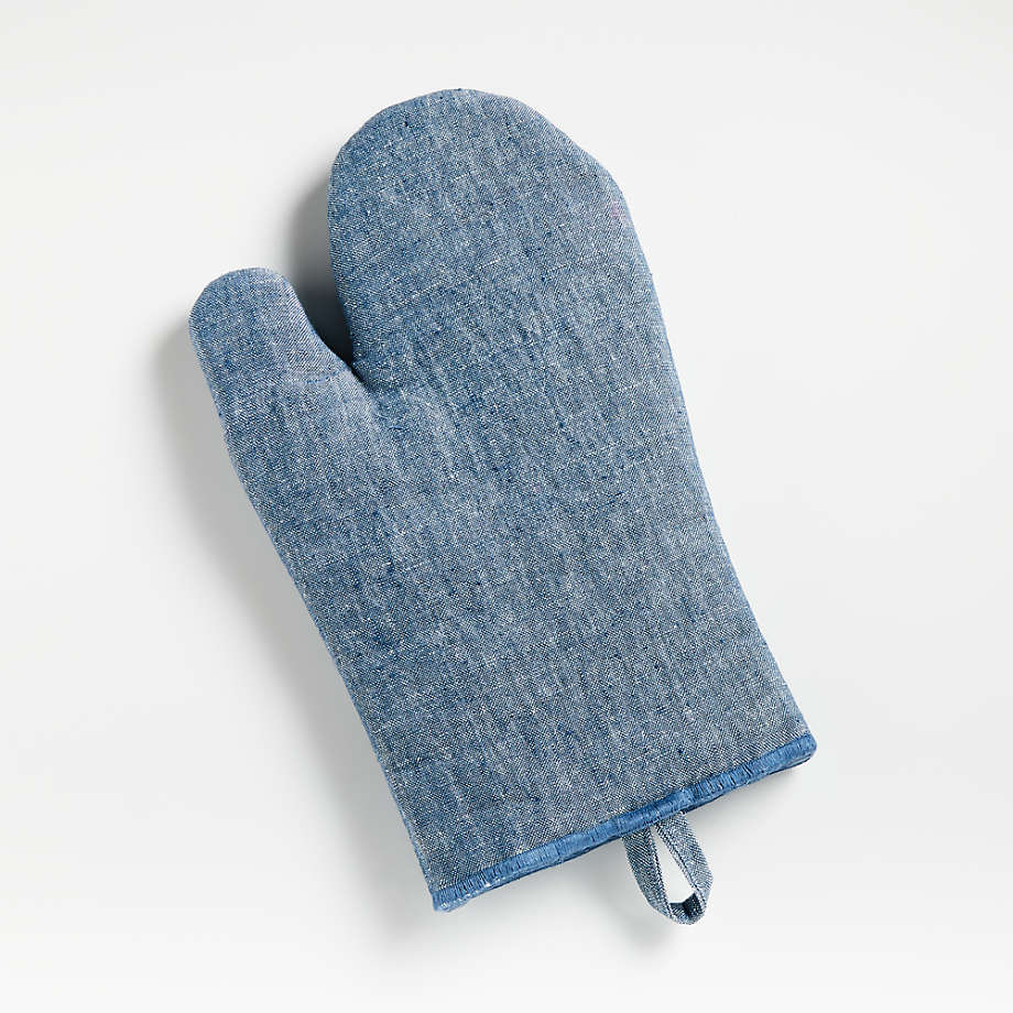 Serged Linen Blue Oven Mitt + Reviews | Crate & Barrel