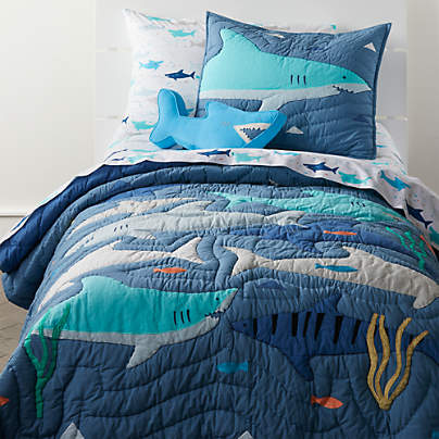 Elegant Home Sharks Design Multicolor Dark Blue Green 4 Piece Printed Full Size Sheet Set with Pillowcase Flat Fitted Sheet for Boys/Kids/Teens # Shark Full 