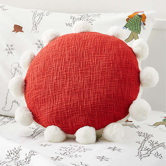 Red Round Sherpa Pom Pom Pillow