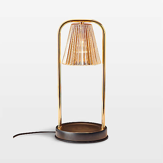 Candle Lamp Warmer with Fluted Amber Glass Shade and Black Metal Base