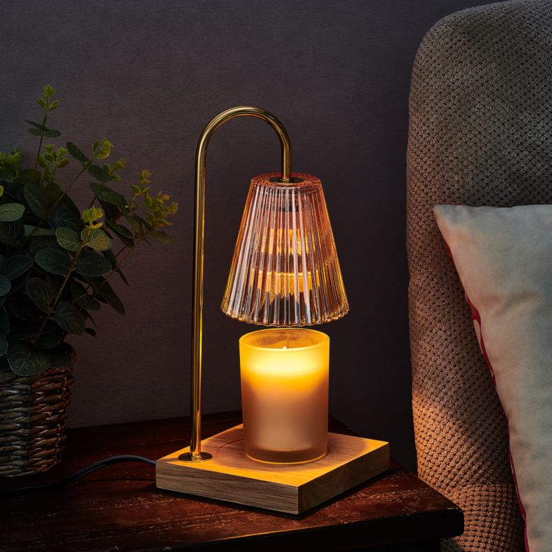 Candle Lamp Warmer with Fluted Clear Glass Shade and Natural Wood Base - image 2 of 5