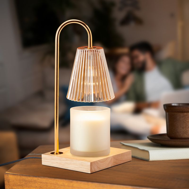 Candle Lamp Warmer with Fluted Clear Glass Shade and Natural Wood Base - image 4 of 5