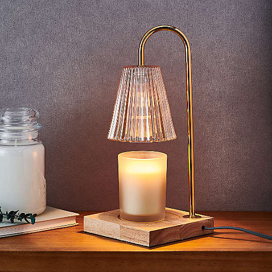 Candle Lamp Warmer with Fluted Clear Glass Shade and Natural Wood Base