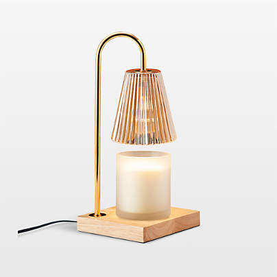 Candle Lamp Warmer with Fluted Clear Glass Shade and Natural Wood Base
