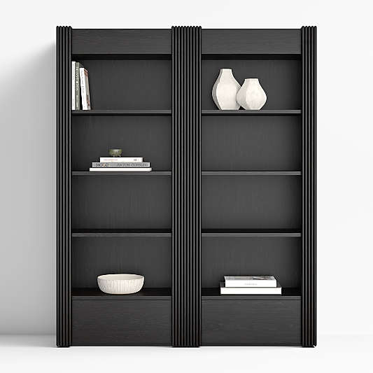 Siena 84" Black Wood 4-Shelf Storage Bookcase with Drawer, Set of 2