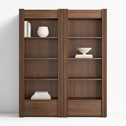 Siena 84" Walnut Wood 4-Shelf Storage Bookcase with Drawer, Set of 2