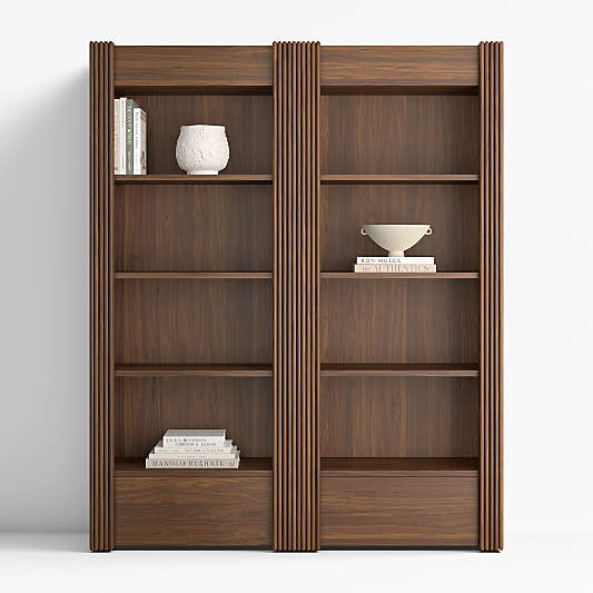 Siena 68" Walnut Wood 4-Shelf Storage Bookcase with Drawer, Set of 2