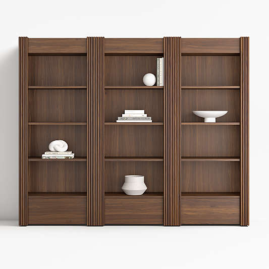 Siena 102" Walnut Wood 4-Shelf Storage Bookcase with Drawer, Set of 3