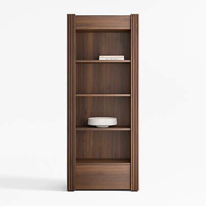 Siena 34" Walnut Wood 4-Shelf Storage Bookcase with Drawer