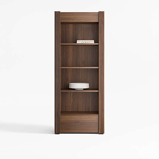 Siena 34" Walnut Wood 4-Shelf Storage Bookcase With Drawer