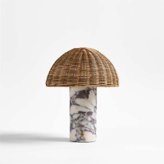 Seine Calacatta White Marble Mini Table Lamp with Rattan Shade 13"