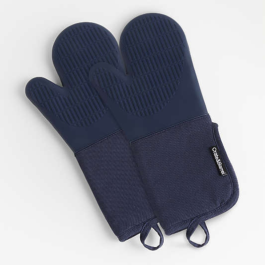 Blue Organic Cotton Oven Mitts with Silicone Grip, Set of 2