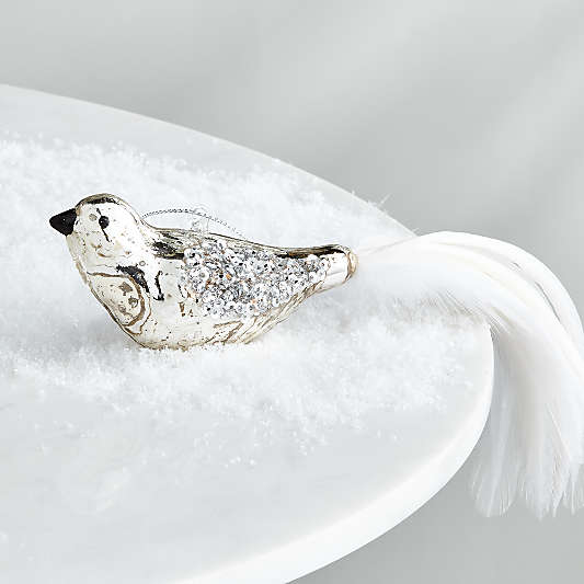 Silver Bird Ornament with White Feather Tail