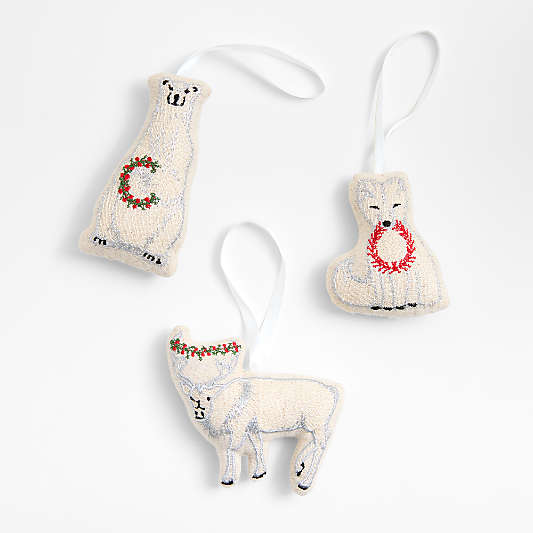 Silver Embroidered Animal Christmas Ornaments, Set of 3