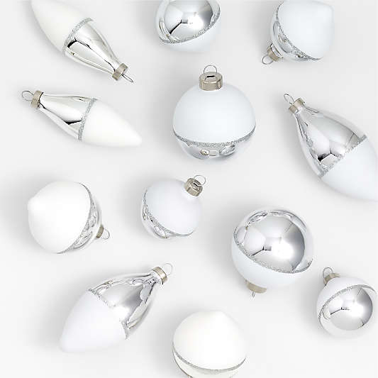 Silver Glitter and White Glass Ball Christmas Tree Ornaments, Set of 12